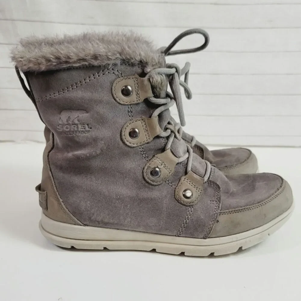 Sorel Explorer Joan Shearling Waterproof Suede Leather Bootie in Gray, sz 9.5